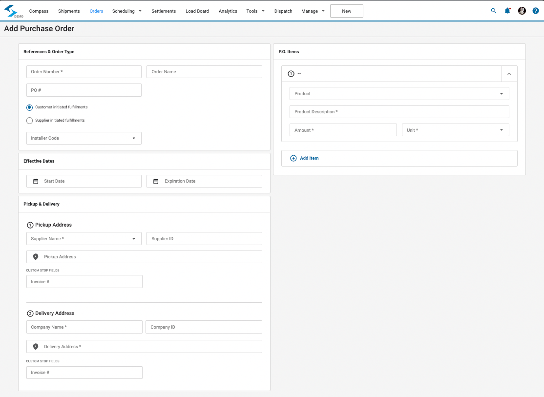 Create order data entry