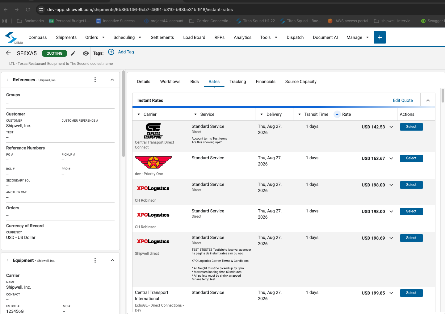 Instant Rates on a shipment's Rates tab, showing rates returned from several directly connected carriers