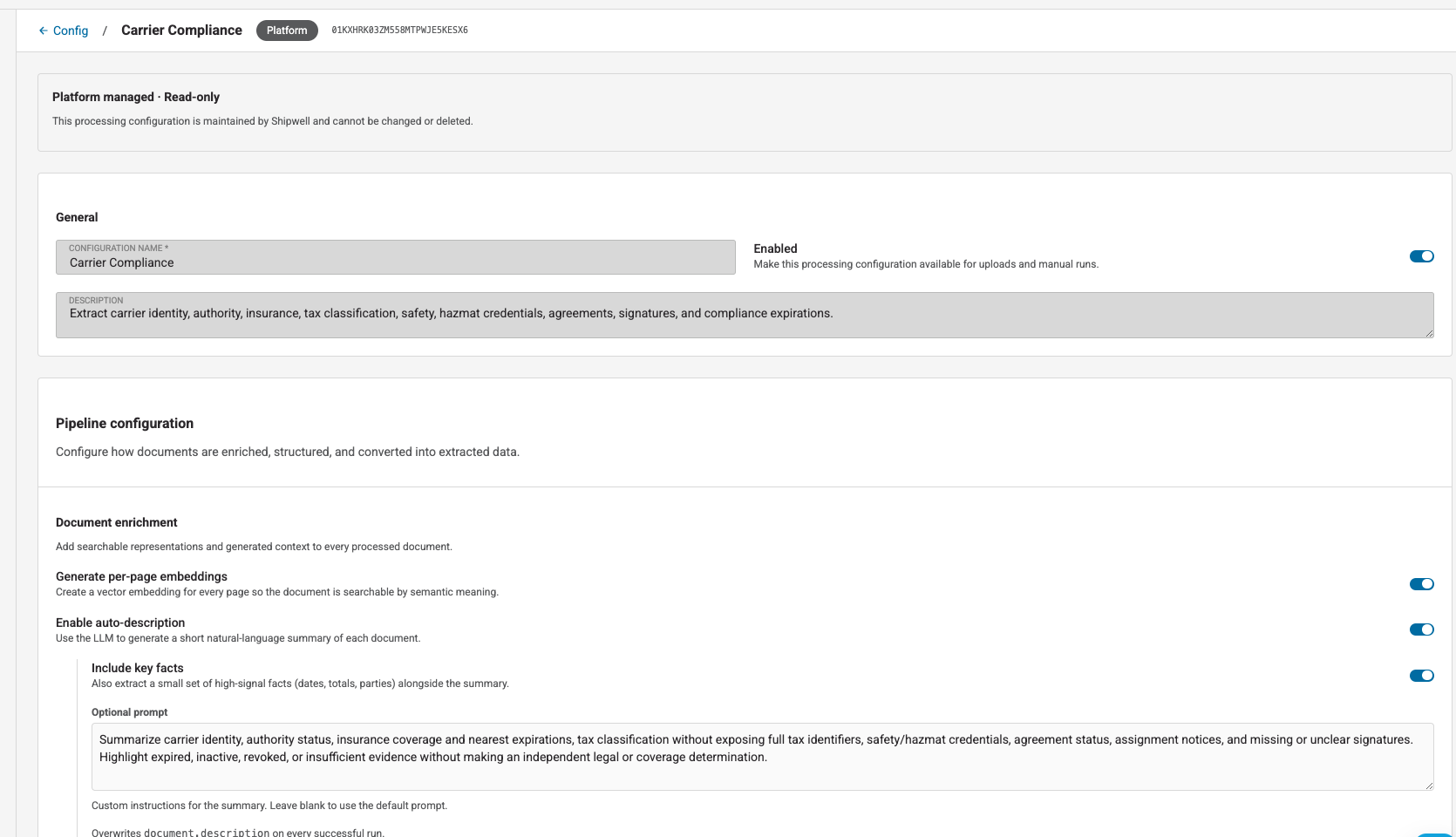 Read-only platform-managed processing configuration