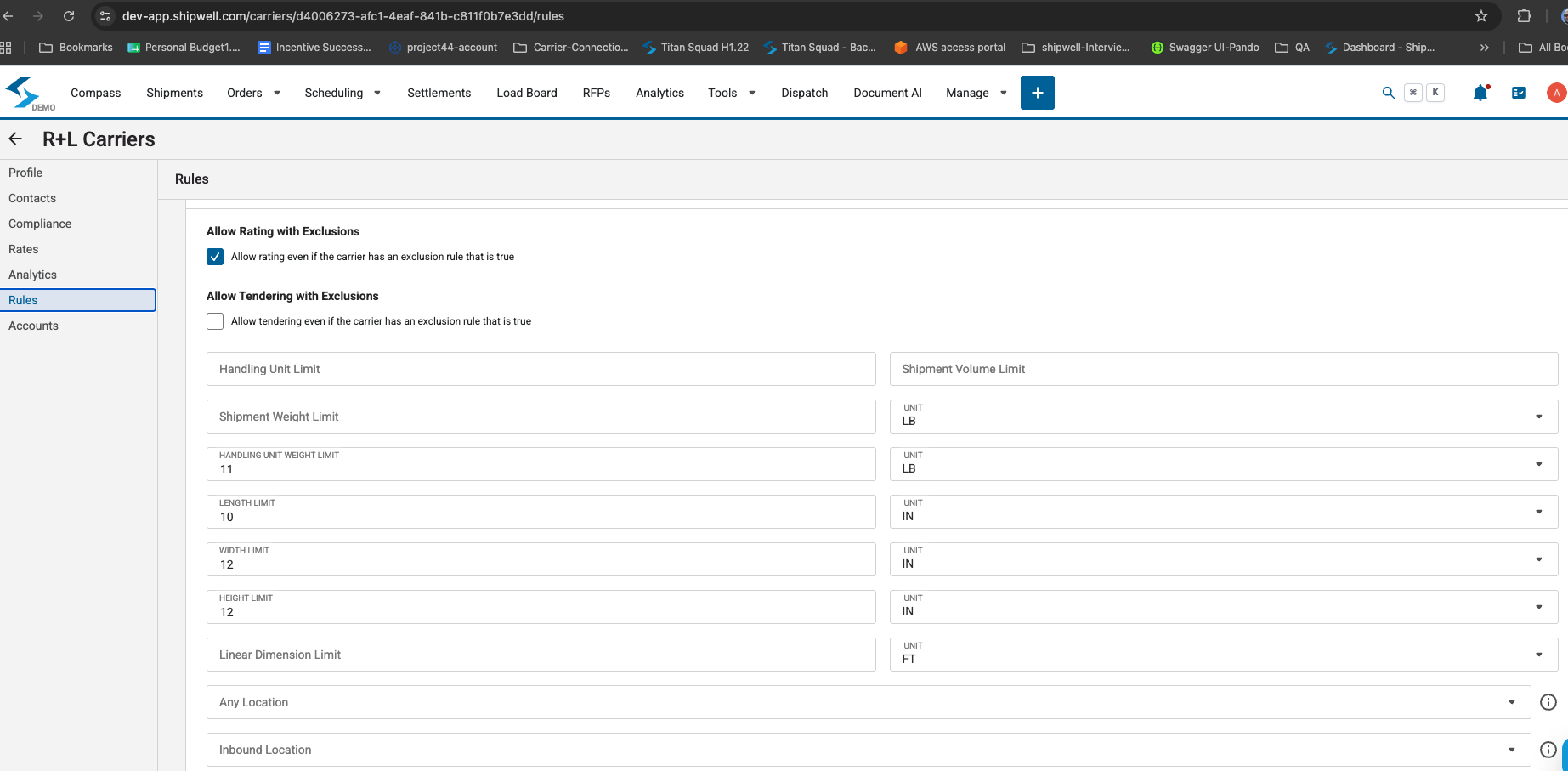 The Rules tab for a connected carrier, showing exclusion overrides and weight, dimension, volume, and location limits