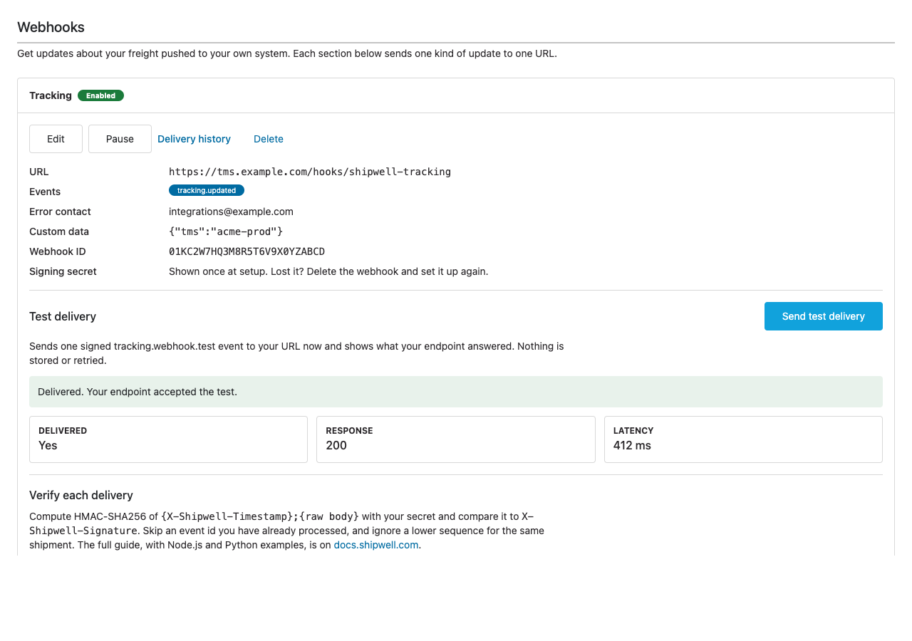 The Tracking section of the Webhooks page: the webhook's URL, events, error contact and custom data, with Edit, Pause, Delivery history and Delete, and a successful test delivery
