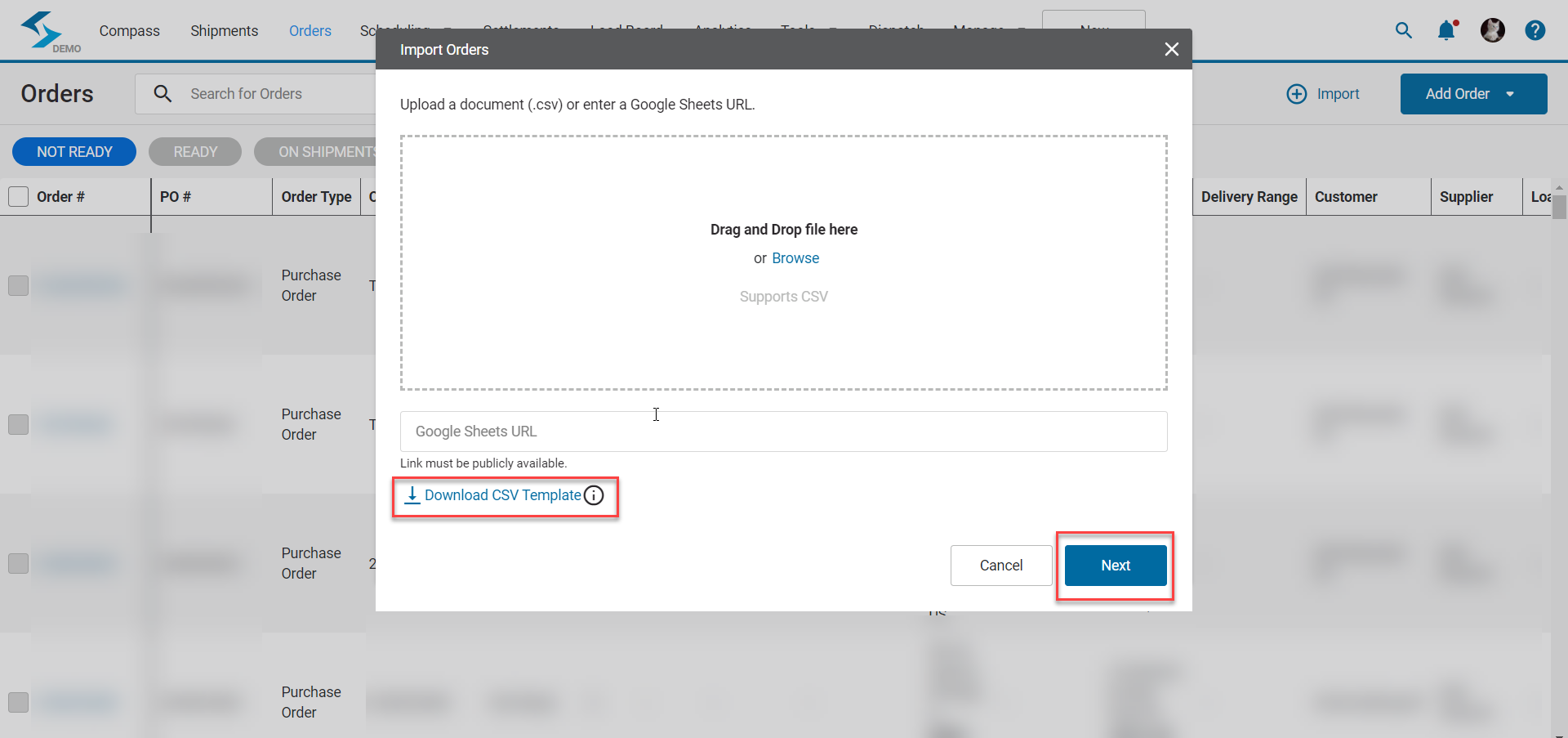 Import order modal