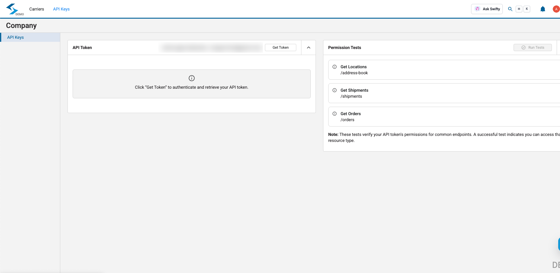 The API Keys page, with Get Token to retrieve your API token and Permission Tests to check what it can access