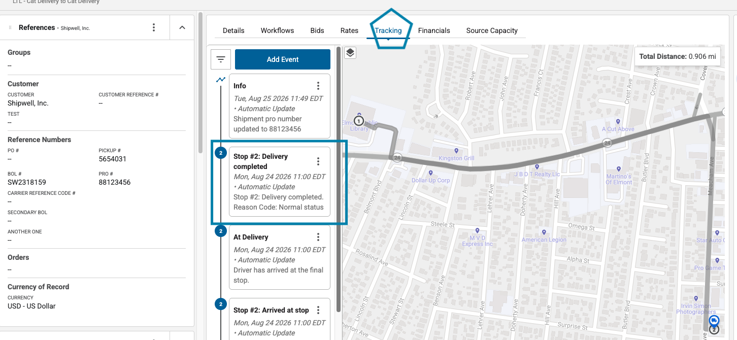 A shipment's Tracking tab showing a timeline of tracking events, including a delivery-completed event, alongside a map of the route