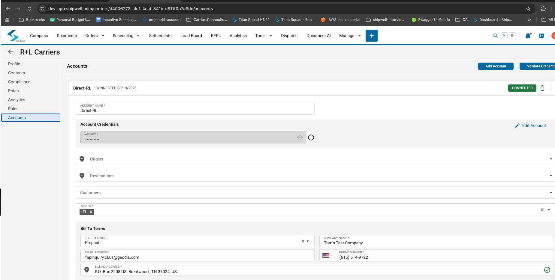 Carrier Accounts page in the Shipwell application, showing an existing connected account with credentials, modes, and bill-to terms