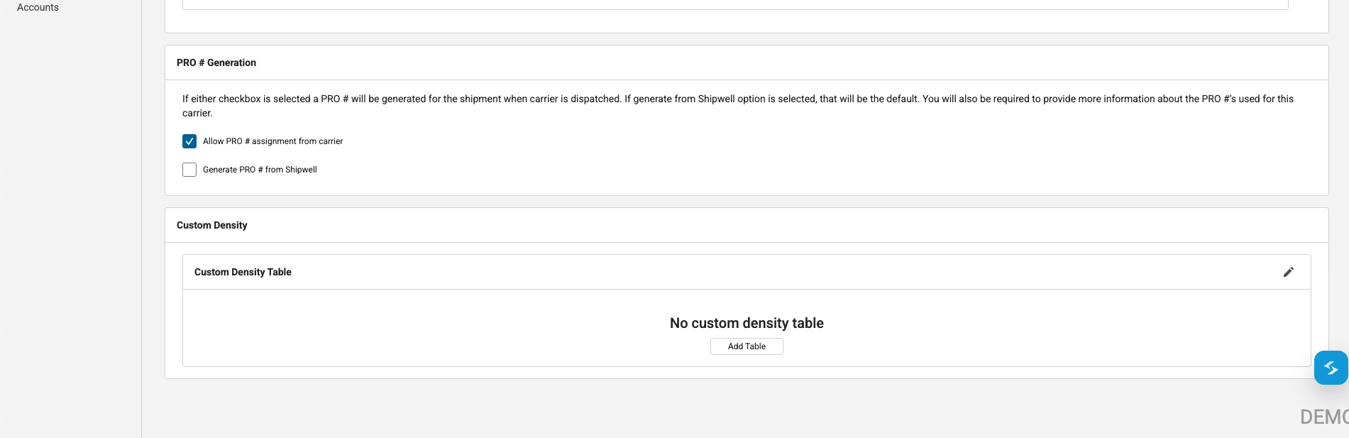 PRO # Generation setting on a carrier account, with checkboxes for allowing PRO assignment from the carrier and generating the PRO number from Shipwell